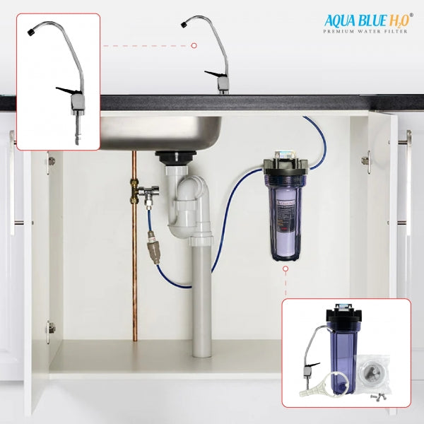 10" Clear Big Blue Filter Housing 5 Mic PP Sediment Water Filter, Reverse Osmosis Faucet, Connection Kit Set