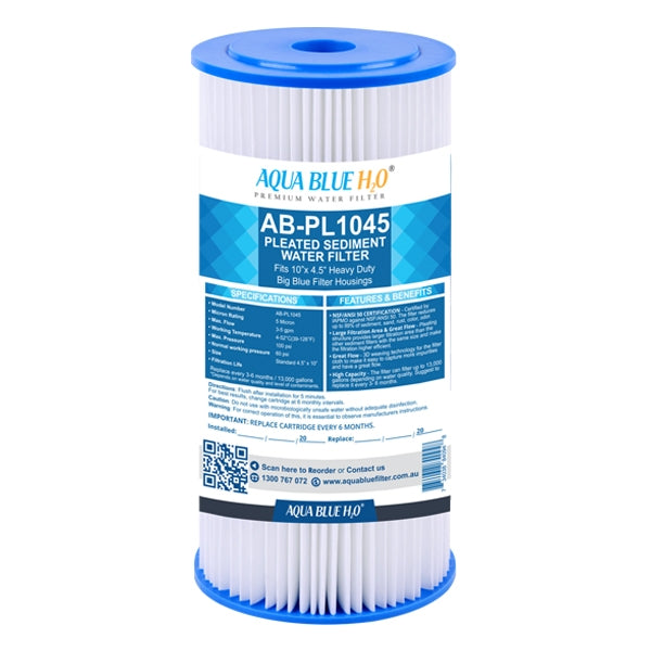 10 x 4.5" Whole House Big Blue Pleated Sediment 1 Micron Water Filter Replacement Cartridge ABPL 1045 1M