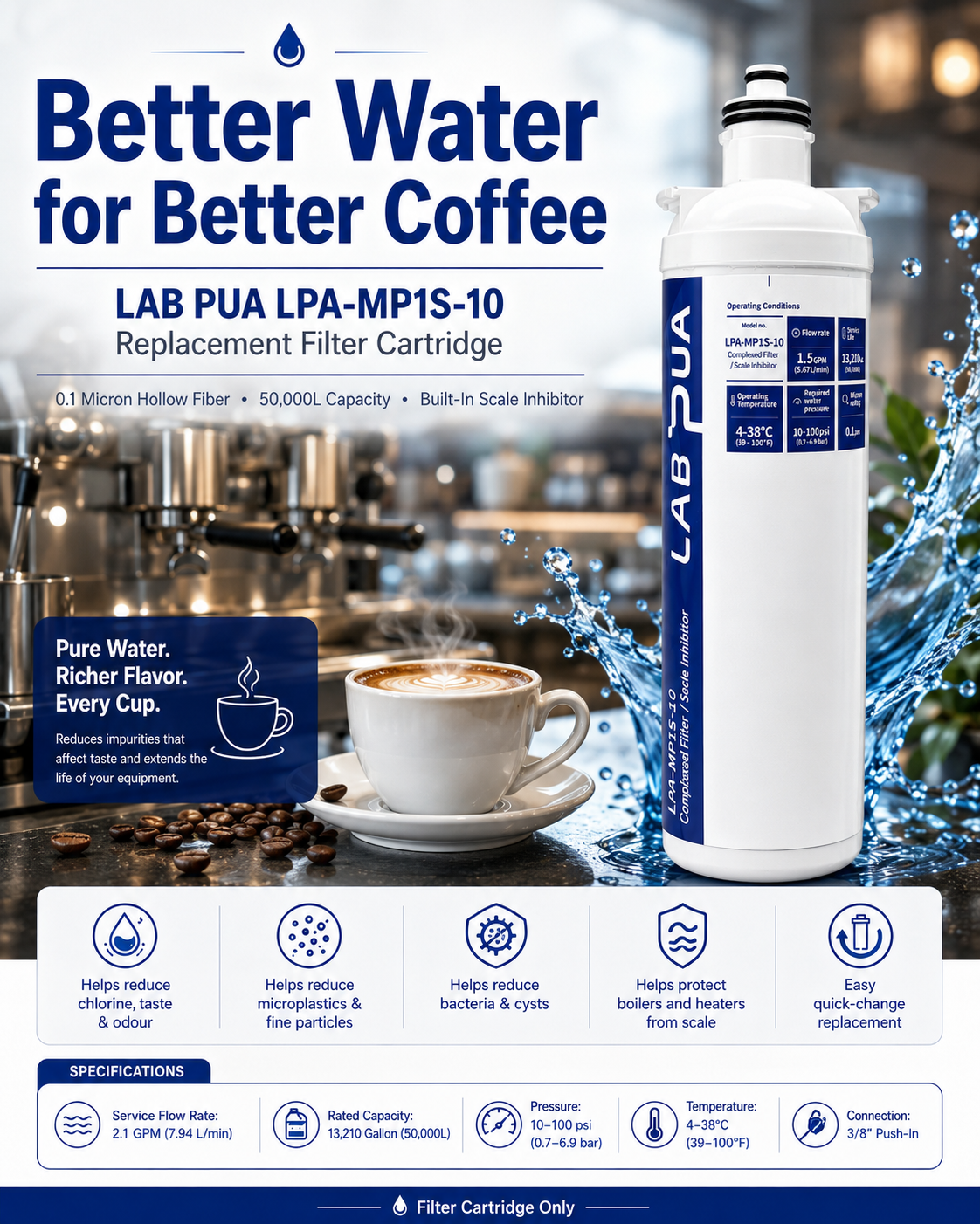 LAB PUA LPA-MP1S-10 coffee water filter cartridge with 0.1 micron hollow fibre, scale inhibitor and 3/8 inch push-in connection