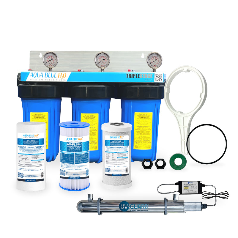 10" x 4.5" Big Blue Triple Whole House Water System with UV Guard UVG SLT30 System3 stage 10"x 4.5 Big Blue + PLT6 SLT30