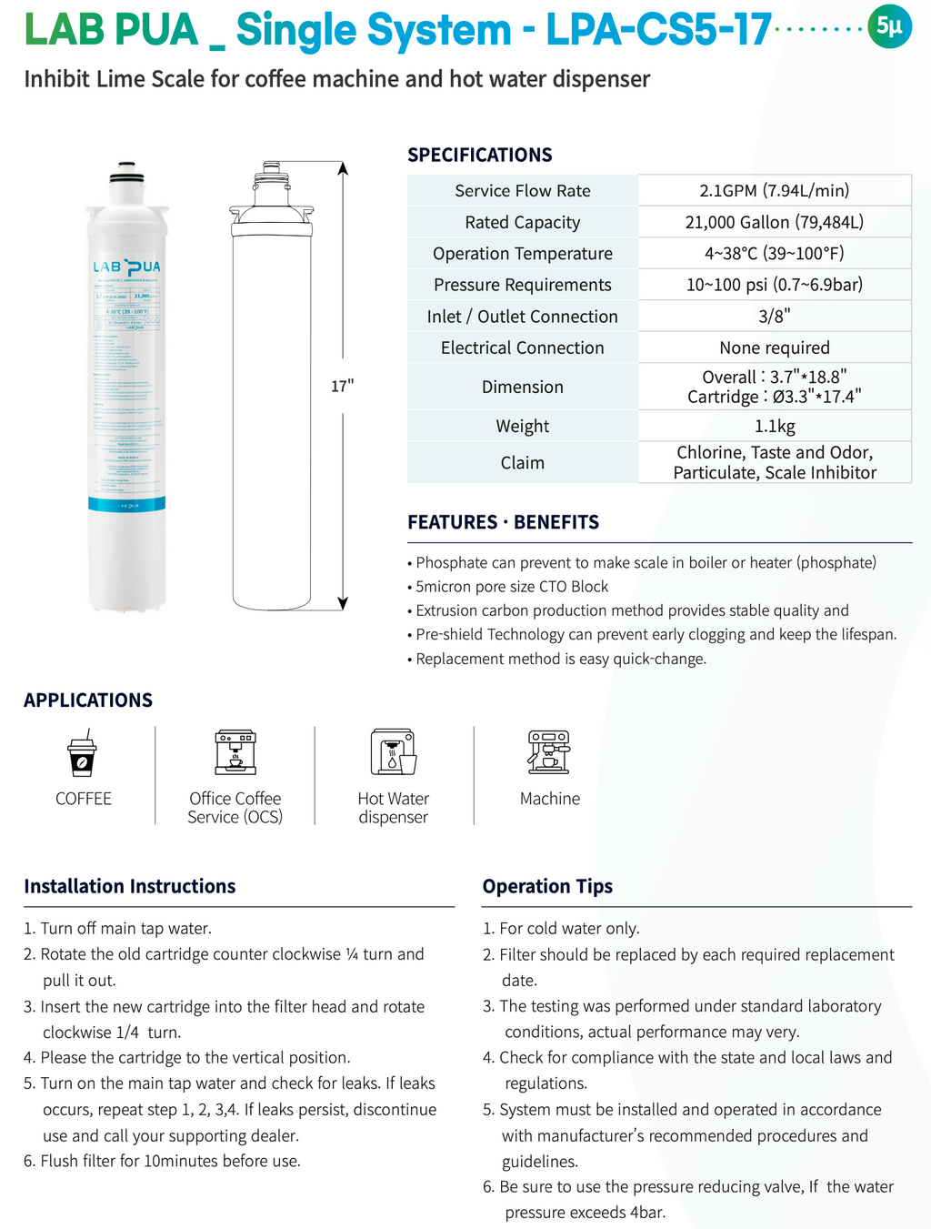 LPA CS5 17 (5um carbon block & Scale inhibitor, 17″L)