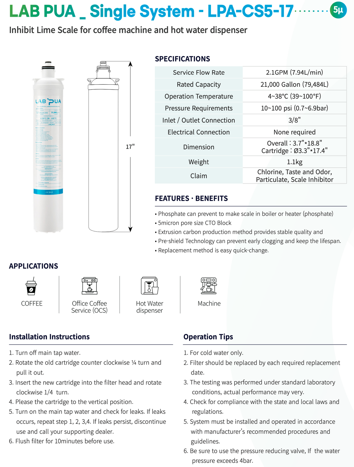 LPA CS5 17 (5um carbon block & Scale inhibitor, 17″L)