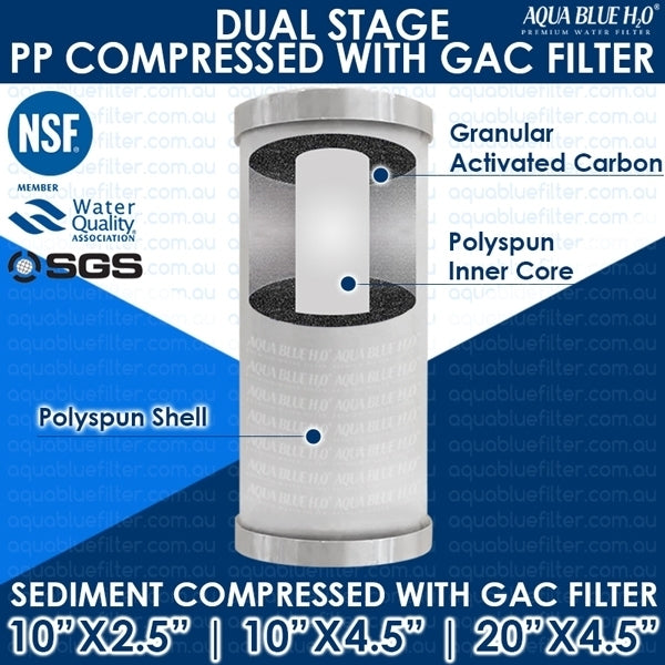 Whole House 20” x 4.5" Dual Stage PP Sediment Compressed with GAC Filter ABDUAL 2045 5M