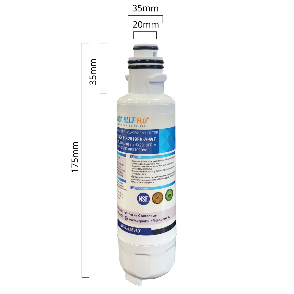 AQUA BLUE H2O Premium Hisense Fridge Filter K2100990, K2100988, HX2019FR-A, HX2019FR-A-WF