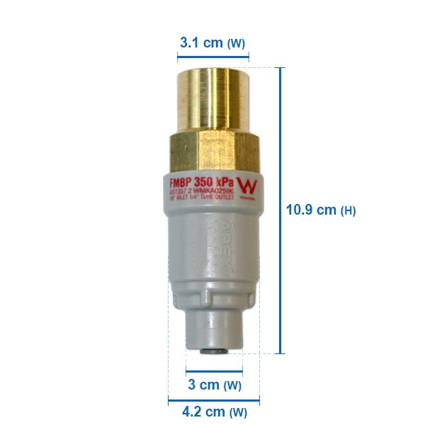 FMBP350, 350kpa 1/2" inlet - 1/4" outlet Genuine APEX Filtamate Brass Plastic Pressure Limiting Valve