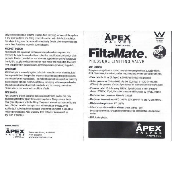 FMBP350, 350kpa 1/2" inlet - 1/4" outlet Genuine APEX Filtamate Brass Plastic Pressure Limiting Valve