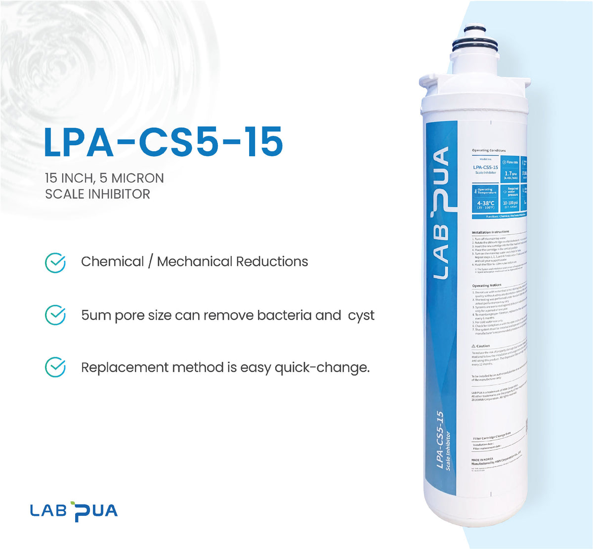 Lab Pua Residential Under Sink Switch Filter Kit LPA-CS5-15 5MICRON
