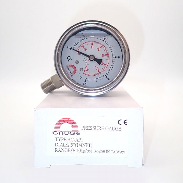 PRESSURE GAUGE STEEL OIL BASE 1/4 FITTING, 70mm Liquid Filled Stainless Steel Dial-Bottom Entry BSP