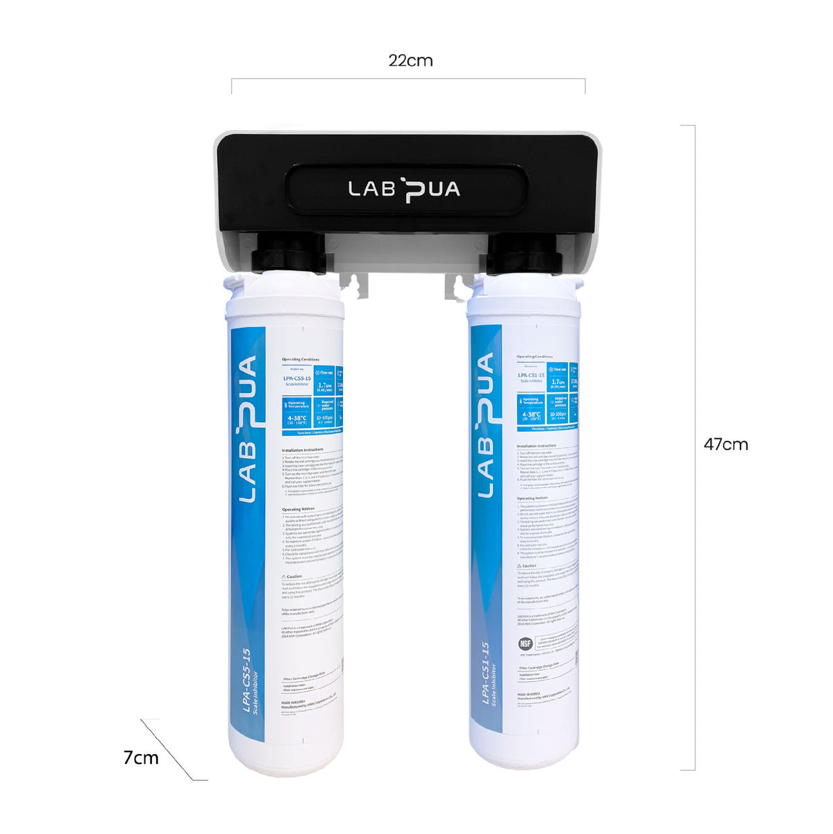 Lab Pua Twin Header Series 5um Carbon Block with 1um Scale Inhibitor 15"L