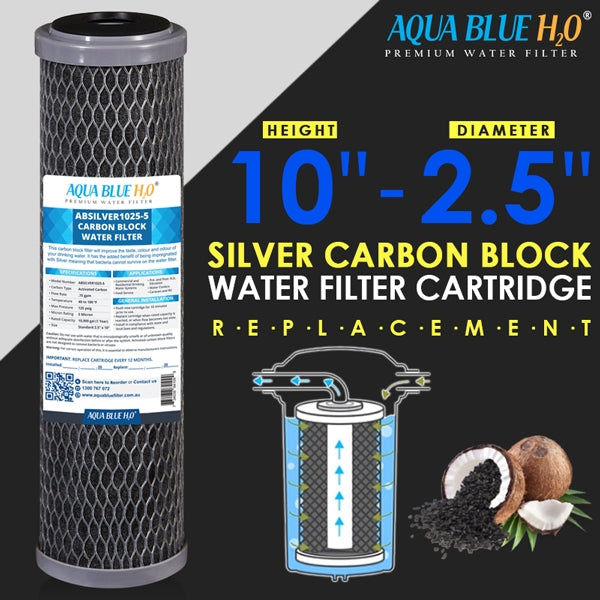 Silver Carbon Block Filter Cartridge Standard 2.5” x 10”, 5 Micron
