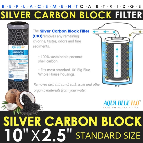 Silver Carbon Block Filter Cartridge Standard 2.5” x 10”, 5 Micron
