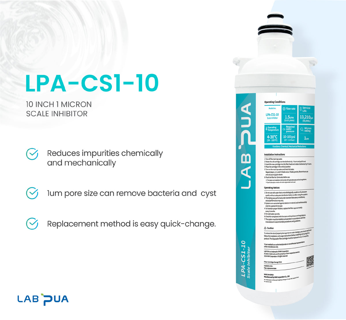 Lab Pua Water Filter Kit With Faucet LPA-CS1-10 1um SCALE INHIBITOR